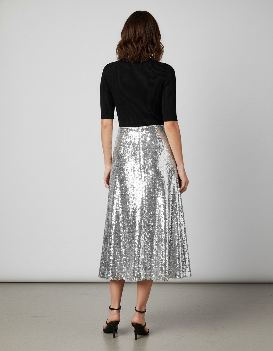 Jupe Paillette Argentée A-Line Élégante