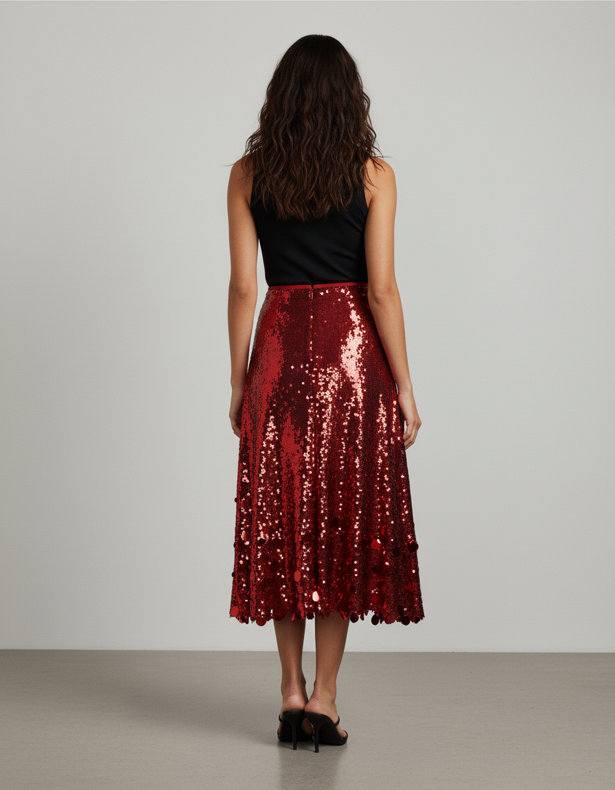 Jupe Paillette Rouge A-Line Élégante