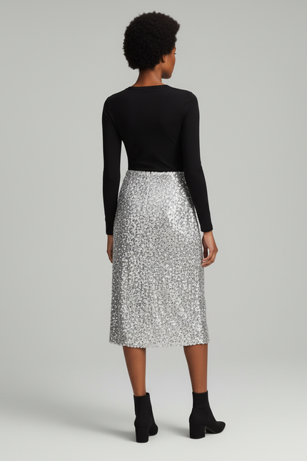 Jupe Paillette Argentée Midi Chic