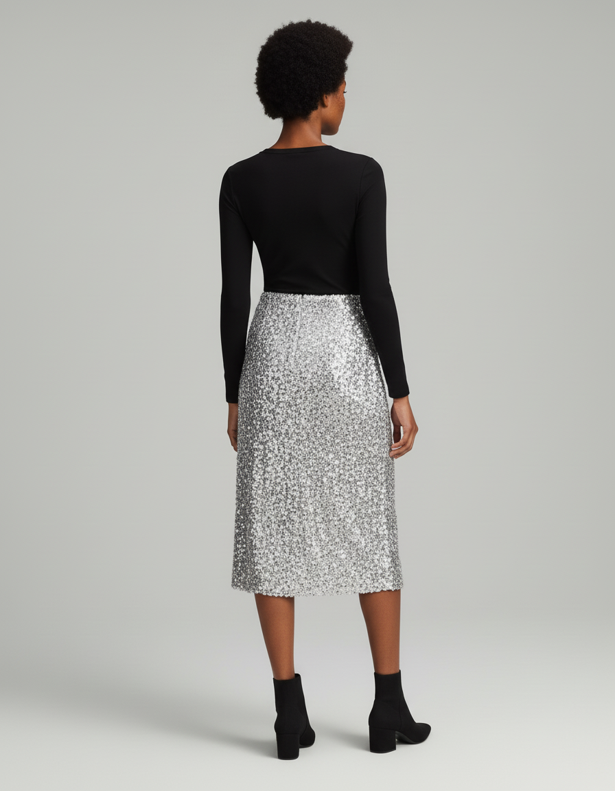 Jupe Paillette Argentée Midi Chic