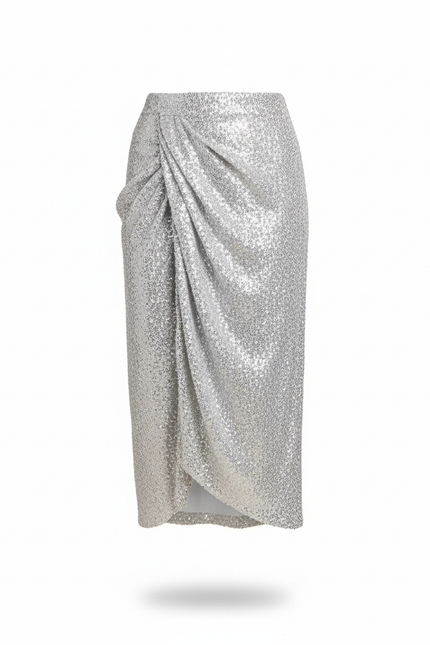 Jupe Paillette Argentée Drapée Élégante