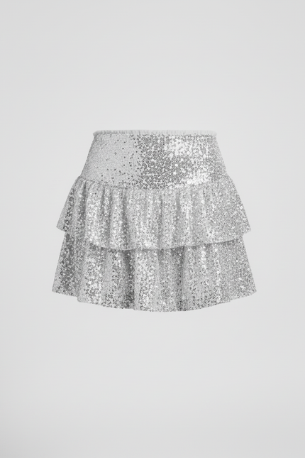 Jupe Paillette Argentée Volants Chic