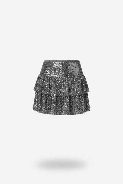 Jupe Paillette Argentée Mini Plissée