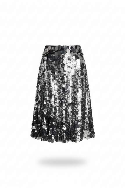 Jupe Paillette Argentée Bicolore Midi Chic