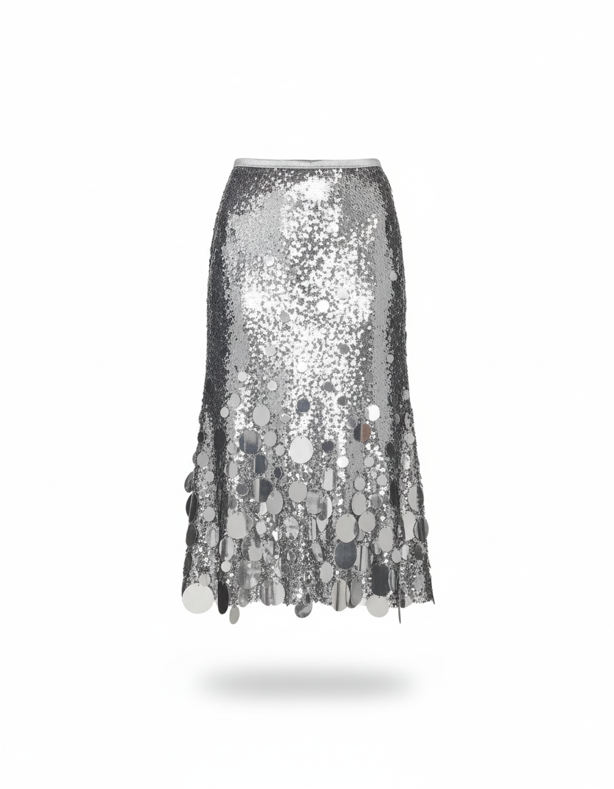 Jupe Paillette Argentée À Disques Chic