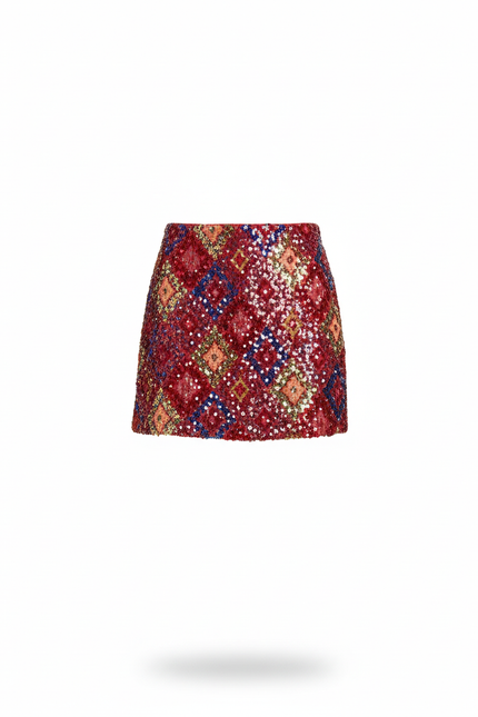 Jupe Paillette Rouge Motif Géométrique Élégante