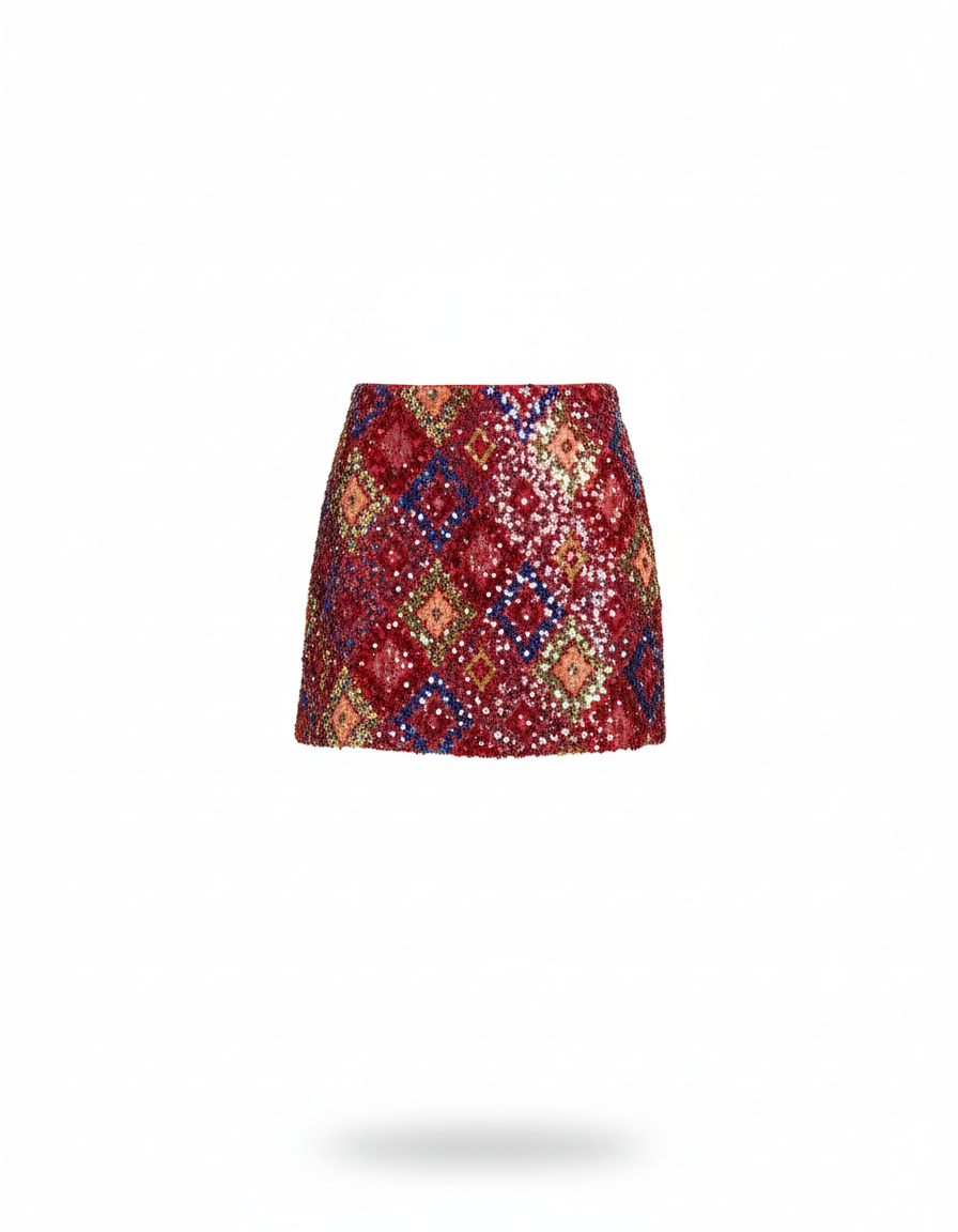 Jupe Paillette Rouge Motif Géométrique Élégante