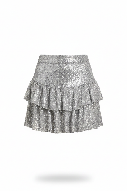 Jupe Paillette Argentée Volants Chic