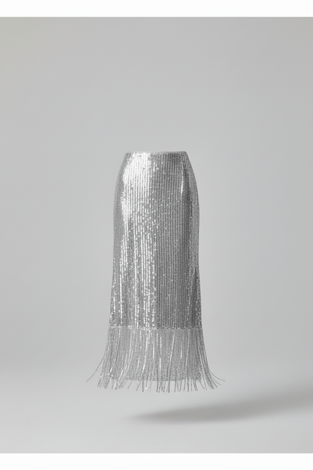 Jupe Paillette Argentée Franges Chic