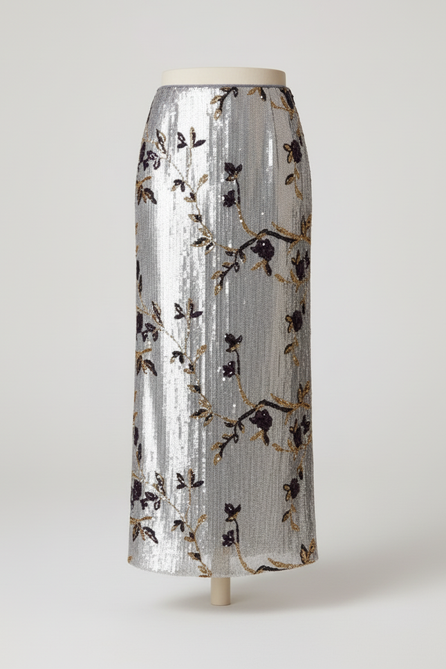 Jupe Paillette Argentée Motifs Floraux Élégante