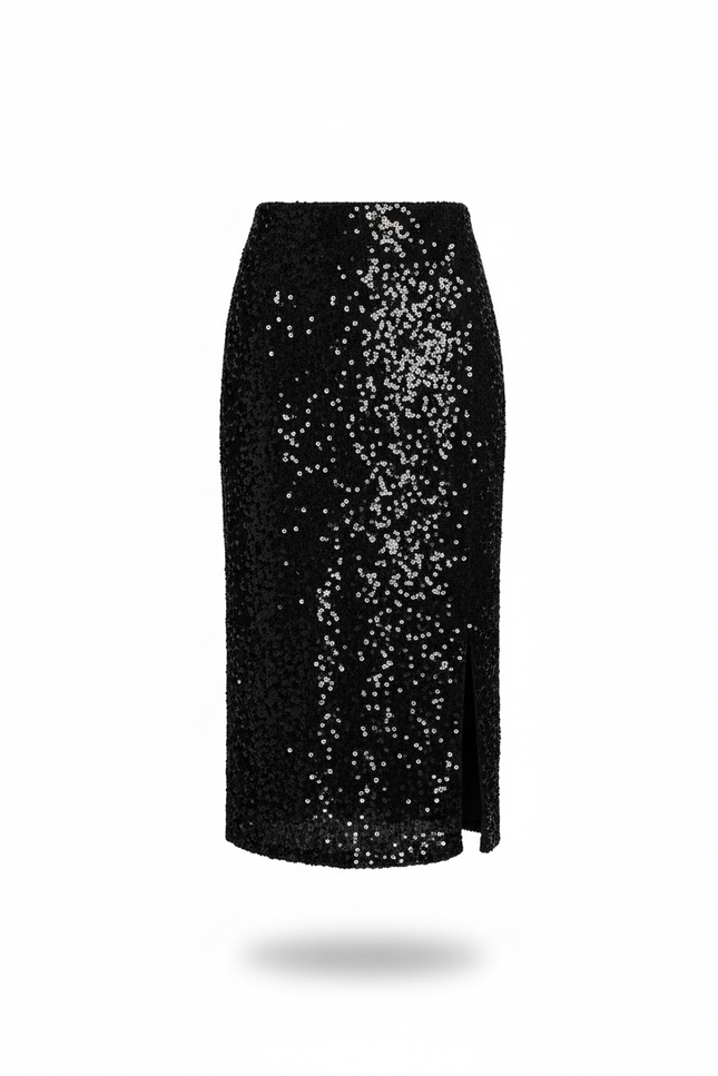 Jupe Paillette Noire Fendue Élégante