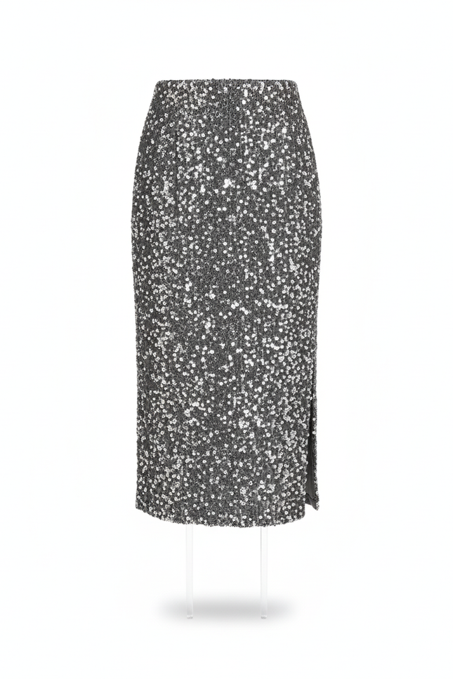 Jupe Paillette Argentée Fendue Élégante