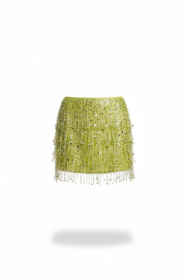 Jupe Paillette Vert Citron À Franges Chic