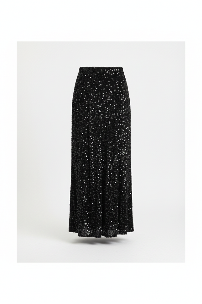 Jupe Paillette Noir Midi Chic