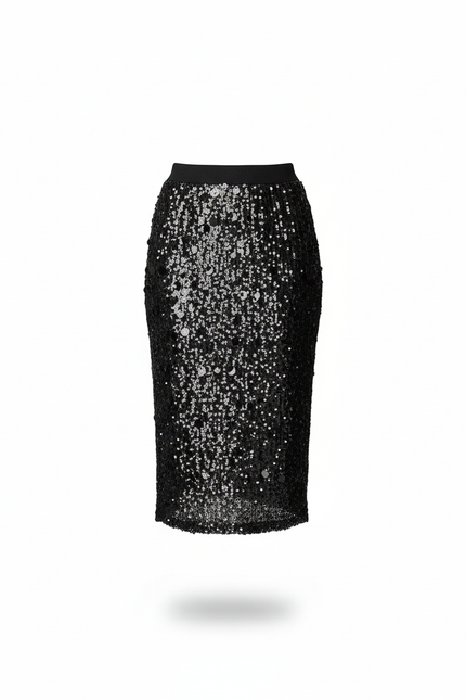 Jupe Paillette Noire Midi Chic
