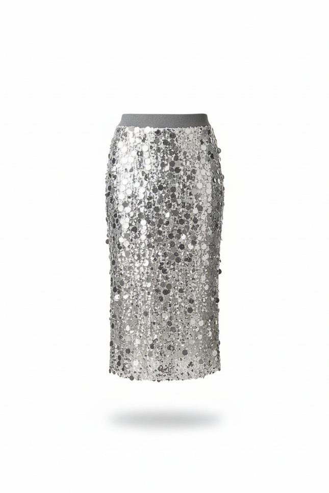 Jupe Paillette Argentée Midi Chic