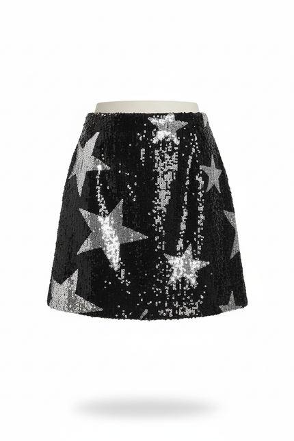 Jupe Paillette Noire Motif Étoiles Chic