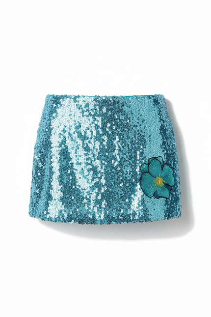 Jupe Paillette Bleue Fleurie Mini Chic