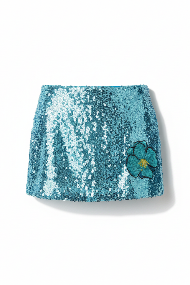 Jupe Paillette Bleue Fleurie Mini Chic