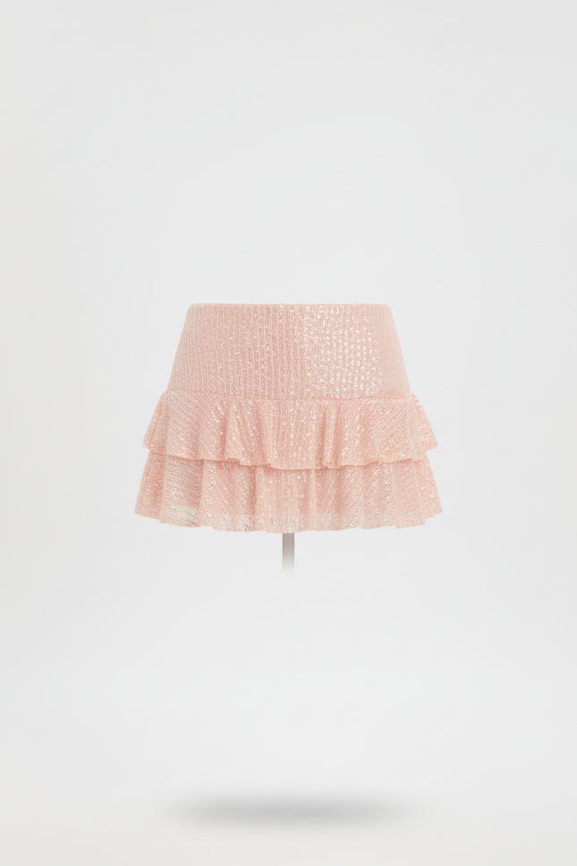 Jupe Paillette Rose Pâle Volants Plissée
