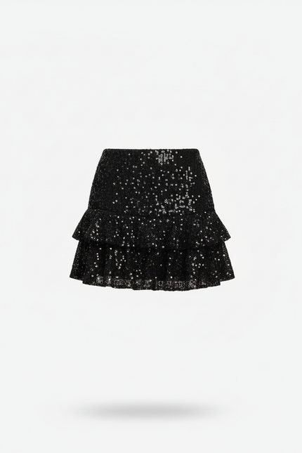 Jupe Paillette Noire À Volants Chic