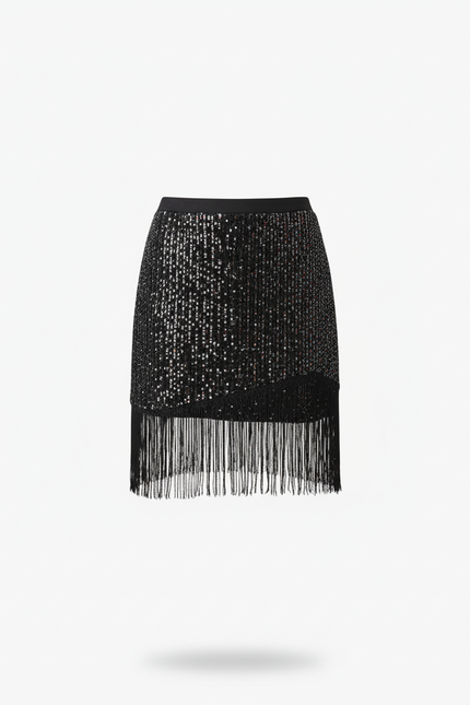 Jupe Paillette Noire Franges Élégante