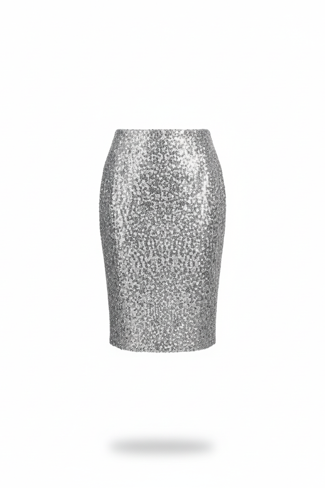 Jupe Paillette Argentée Coupe Crayon Élégante