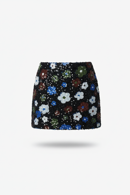 Jupe Paillette Mini Noire À Fleurs Chic